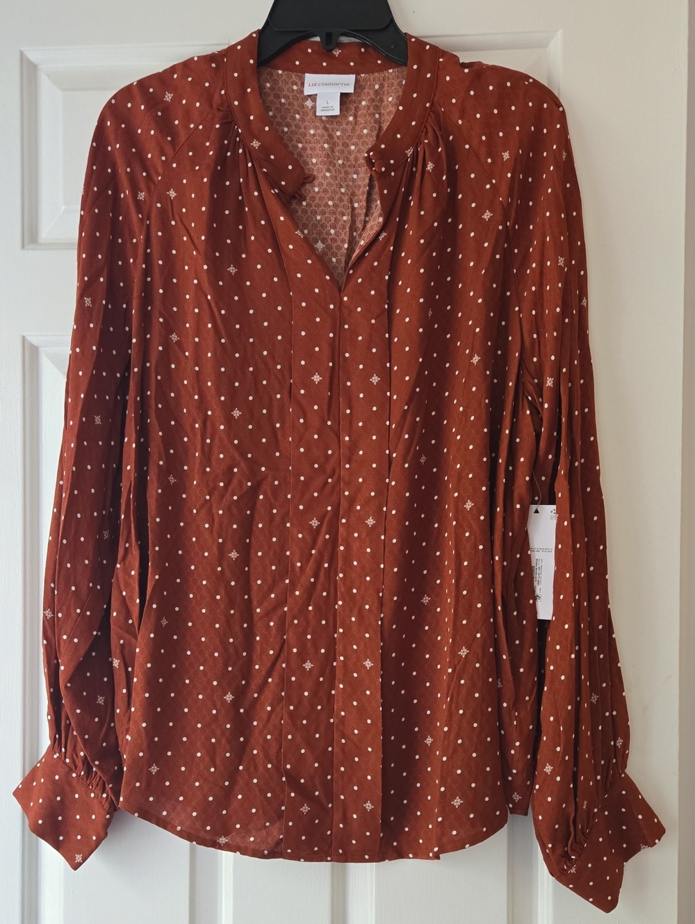 Liz Claiborne Women's Rust Brown Printed Blouse Size Large Long Sleeve Business - Picture 2 of 10